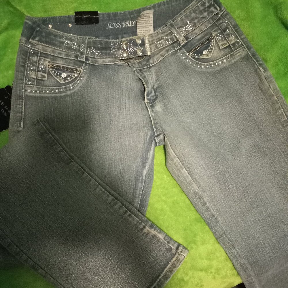NWT Miss Rudy Rhinestone Sequins Jeans Faux Belt Size 19/20 Junior